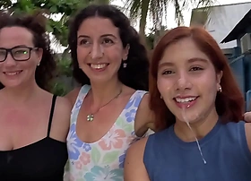 Orgy around four girls and one guy, fucked 'em everywhere turns and cum on their faces - Public Cumwalk