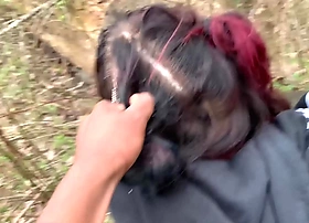 Emo slut gets fucked on tree stump in public